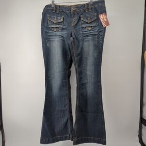 NWT Y2K Mudd Flare Jeans Juniors 17 Blue Denim Peace Festival Wide Leg Peace